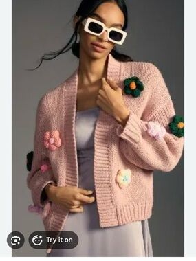 Anthropologie Blush Pink Chunky Knit Cardigan with Floral Appliqués